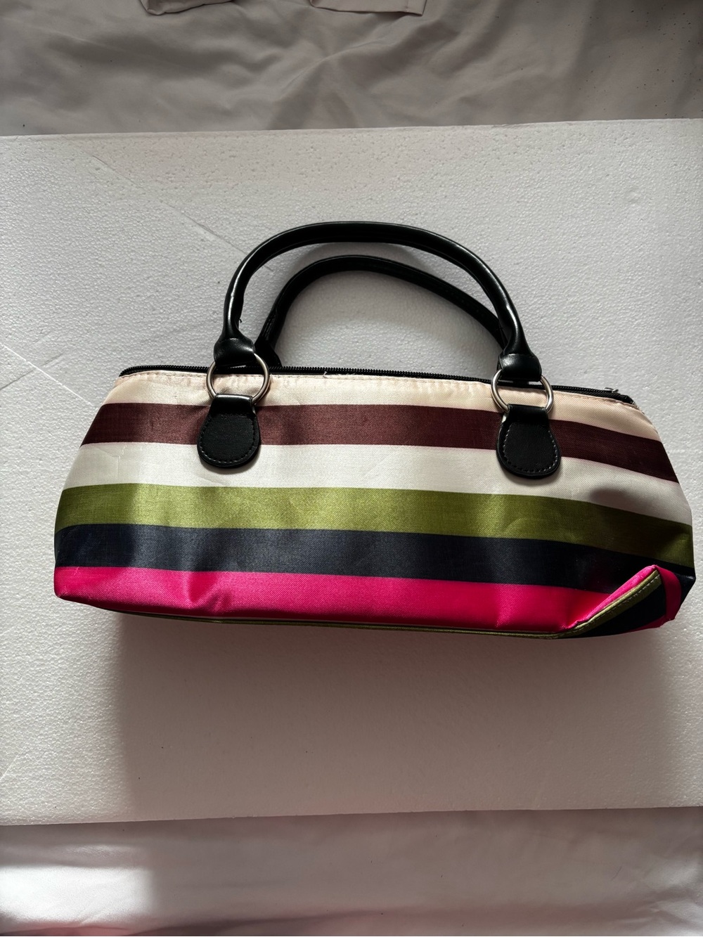 Striped Multi-Color Satin Top-Handle Bag - Pink, Olive, Black